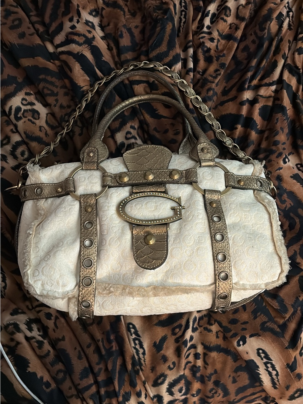 Guess Cream Satchel with Gold-Tone Accents